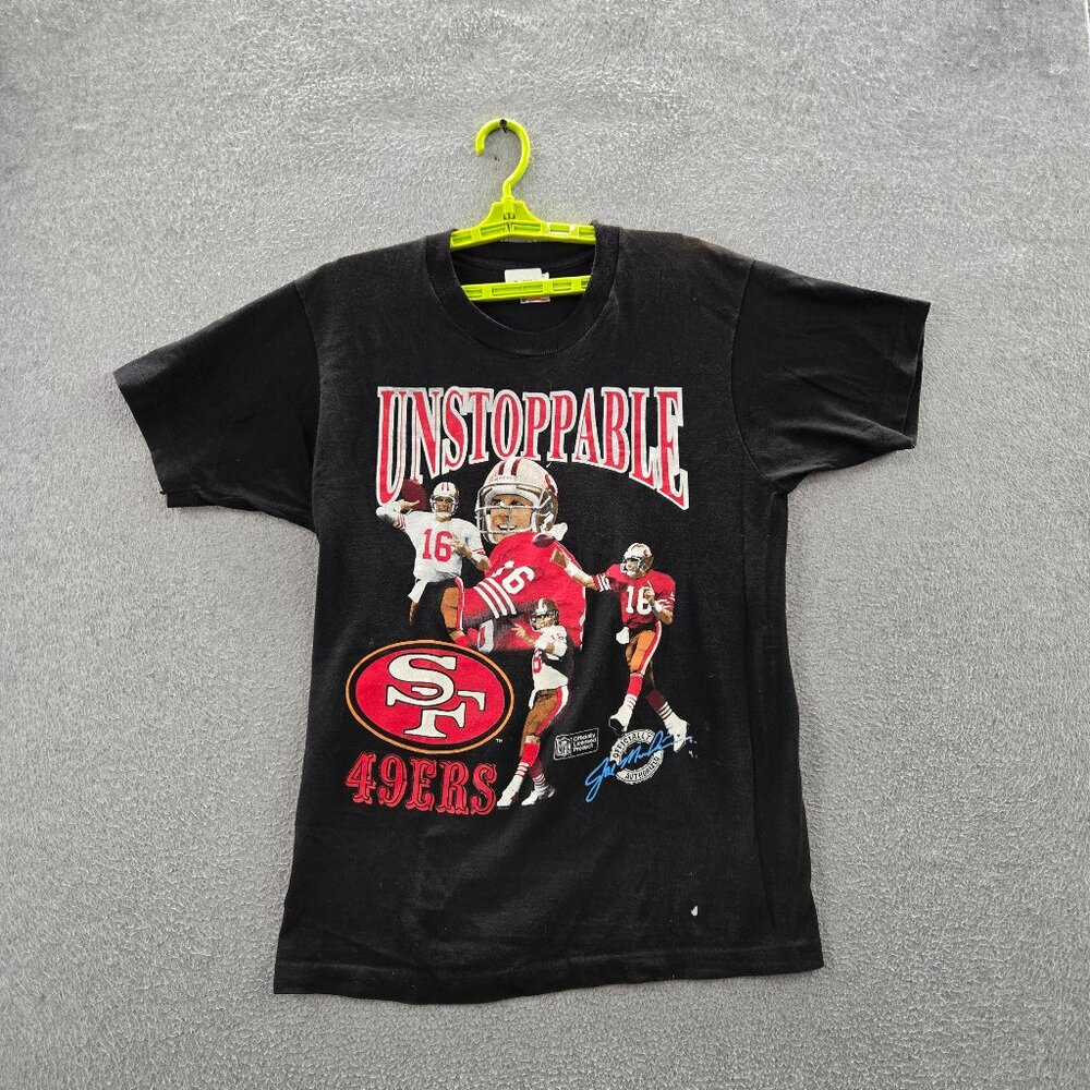 VINTAGE San Francisco 49ers Men Shirt L Black Joe Montana 80s Graphic Tee READ